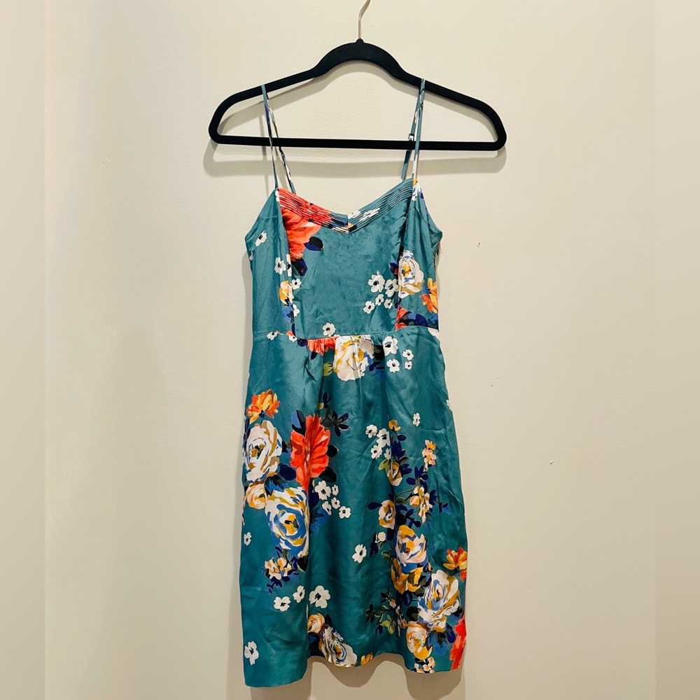 Moulinette Souers anthropologie blue/green floral sleeveless silk dress.